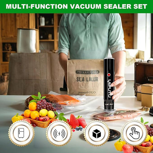 Vacuum Sealer with 5 PCS Reusable Sous Vide Bags, Handheld Compact Vacuum Sealer For Food Preservation, Portable Cordless Sealer Machine Food Fresh for Preserving Vegetables, Fruits, Black