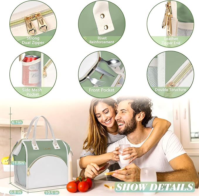 LOKASS Lunch Bag Women Insulated Lunch Box, Wide-Open Lunch Tote Bag Leak-proof Cooler Bag for Work Picnic-（Olive Green）