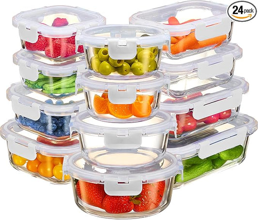 FineDine 24 Piece Glass Storage Containers with Lids - Leak Proof, Dishwasher Safe Glass Food Storage Containers for Meal Prep or Leftovers, White