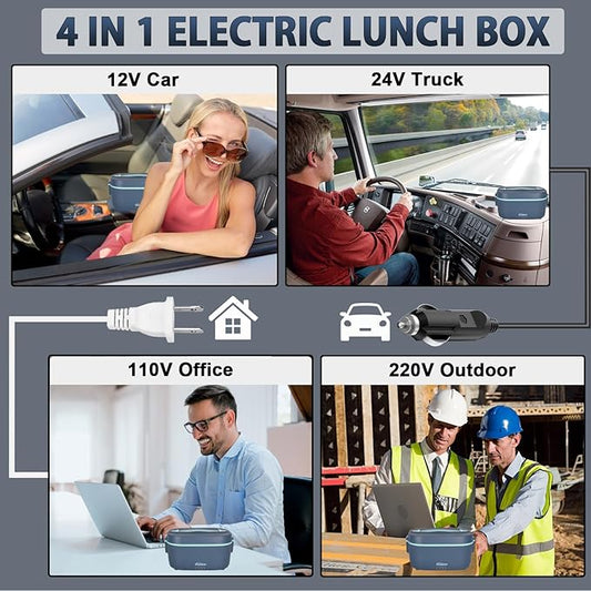 120W 12V/24V/110V/220V Electric Lunch Box for Adults | 1.8L+0.45L Dual-Lid Hot Lunch Box For Adults, with Spoon, Fork & Insulated Bag