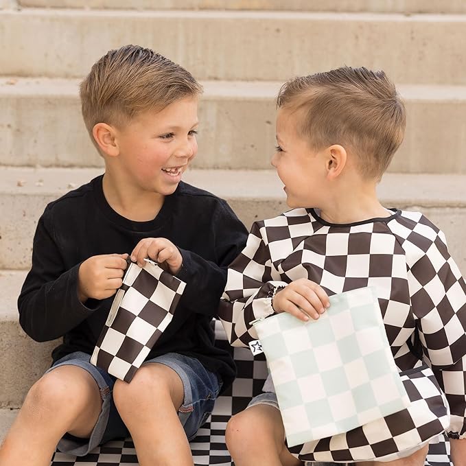 Tiny Twinkle 3 Pack Reusable Snack Bags - Machine Washable, PFAS, PVC, BPA, Phthalate-Free Reusable Baby and Toddler Food Safe Snack Bags (Black Checkers)