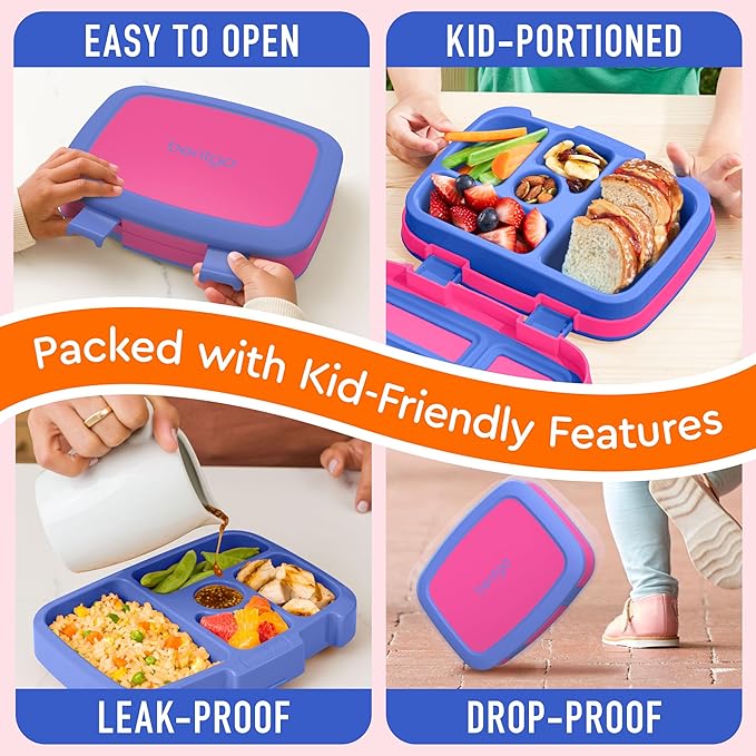 Bentgo Kids Bento-Style 5-Compartment Leak-Proof Lunch Box - Ideal Portion Sizes for Ages 3 to 7 - Durable, Drop-Proof, Dishwasher Safe, BPA-Free, & Made with Food-Safe Materials (Fuchsia)
