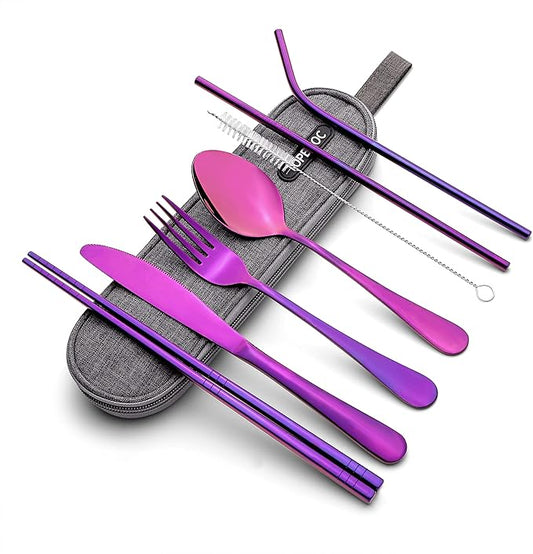 8-Piece Portable Stainless Steel Flatware Set, Travel Camping Cutlery Set with Purple Waterproof Case