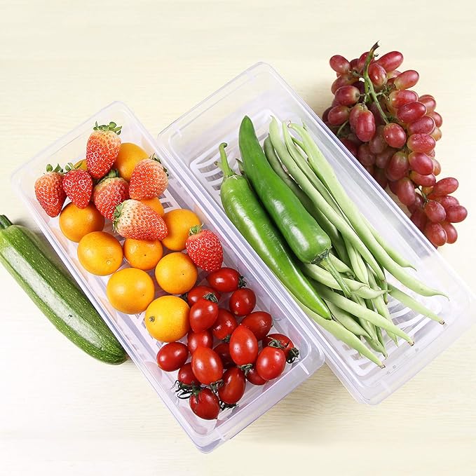 Food Storage Container, Plastic Food Containers with Removable Drain Plate and Lid, Stackable Portable Freezer Storage Containers - Tray to Keep Fruits, Vegetables, Meat and More (4,Small)