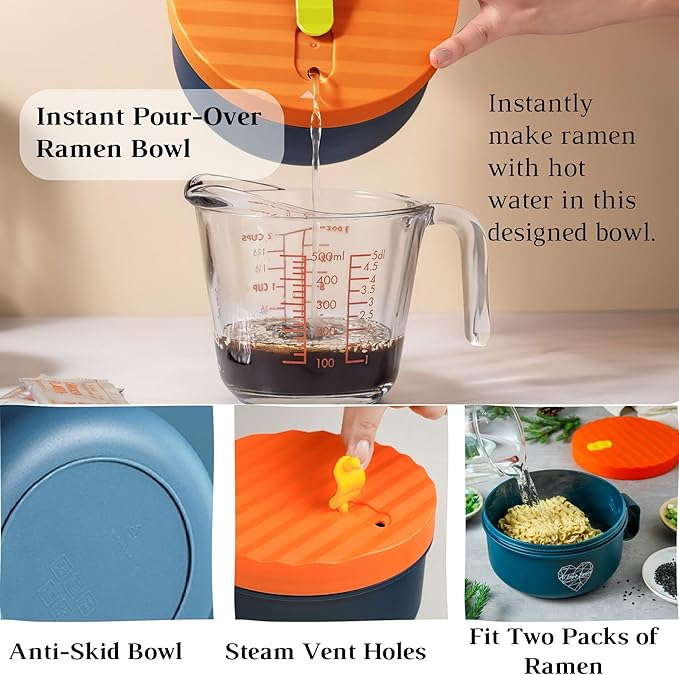 AI LOVE PEACE Ultimate Microwave Cooking Set for Busy Professionals - Ramen Bowl & Glass Meal Prep Container With Dual Lids