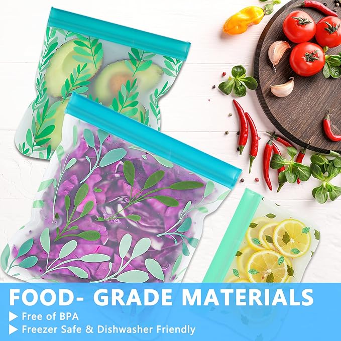 10 Pack Dishwasher Safe Reusable PEVA Food Storage Bags, Leak proof Reusable Freezer Bags for Food Storage Home Organization Traval & Make-up BPA FREE for Food Storage Home BPA FREE for Salad Fruit