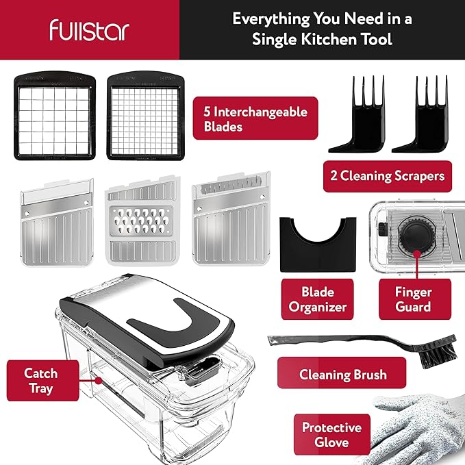 Fullstar All-in-1 Vegetable Chopper and Mandoline Slicer for Kitchen - Cheese Grater, French Fry Cutter, Cheese Slicer - Bonus Handheld Spiralizer Included (6 in 1, Clear)