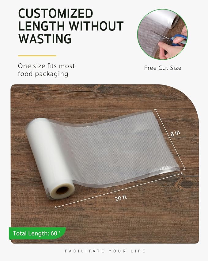 Syntus Vacuum Sealer Bags for Food, 3 Rolls 8" x 20' Commercial Grade Bag Rolls, BPA Free Food Vac Bags for Storage, Meal Prep or Sous Vide