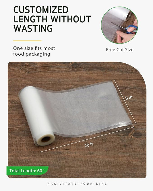 Syntus Vacuum Sealer Bags for Food, 3 Rolls 8" x 20' Commercial Grade Bag Rolls, BPA Free Food Vac Bags for Storage, Meal Prep or Sous Vide