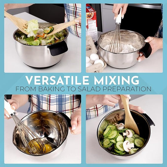 Stainless Steel Mixing Bowl Holiday Barbecue Must Have: Lids Pour Spout Ergonomic Handles For Kitchen With Non Slip Silicone Base Strainer Graters For Kitchen Gift Set