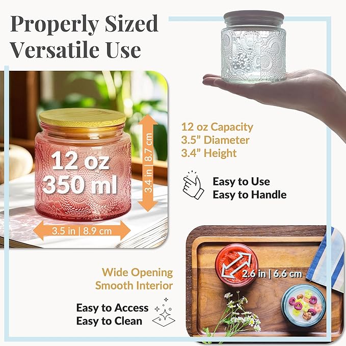 12 oz Decorative Glass Storage Jars with Airtight Bamboo Lids - 8 Pack Blue - Sunflower Embossed Spice, Candle & Home Organizer Set