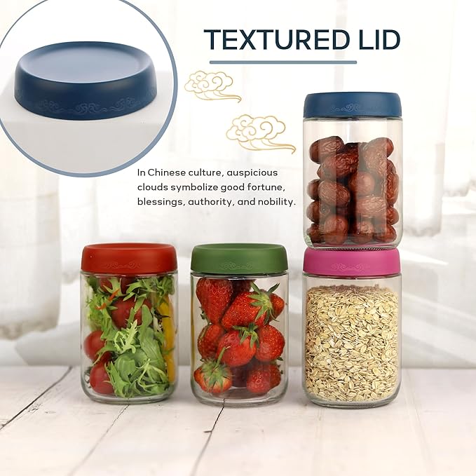 18 OZ Glass Food Jar Storage Containers with Airtight Lids, Reusable Wide Mouth Overnight Oats Glass Mason Jars for Snacks Yogurt Pudding(Multicolor 4pack-1)