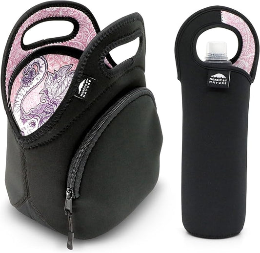Nordic By Nature Neoprene Lunch Bag For Women, Men & Kids Extra Thick Insulated Neoprene Lunch Tote With Water Bottle Sleeve Durable Reusable Machine Washable Extra Pocket YKK Zippers (Elephant)