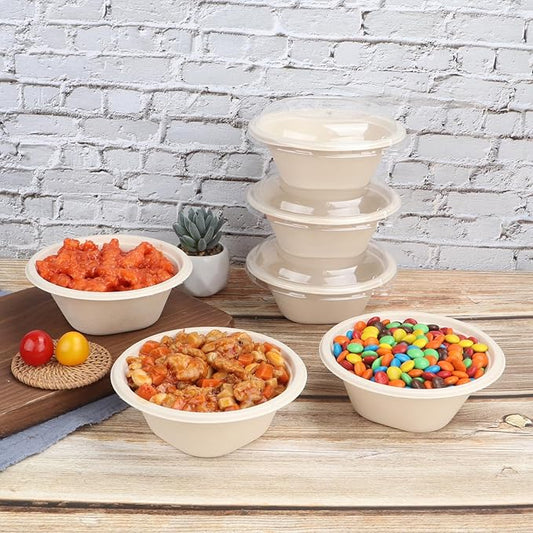 16 oz Round Disposable salad bowls with lids, Sugarcane Fiber Paper Bowls take away food containers Plant Fibers Freezer Safe 50 Pack