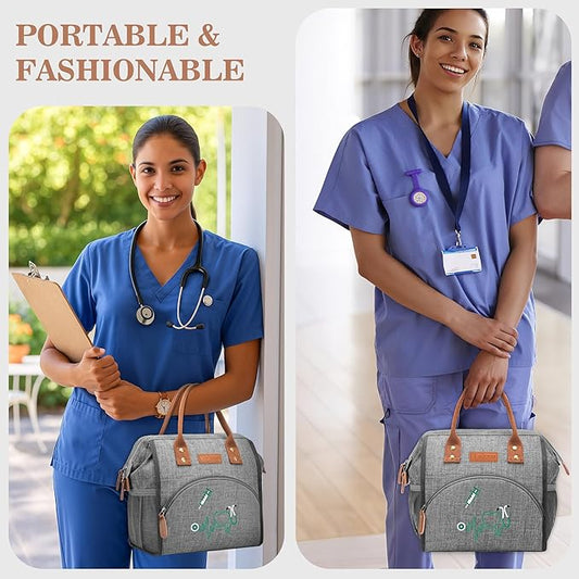 LOKASS Nurse Lunch Bag for Women, Embroidered Lunch Box with Special Nursing Design, Insulated Lunch Tote Ideal for Nurse Gifts, Neutral Grey