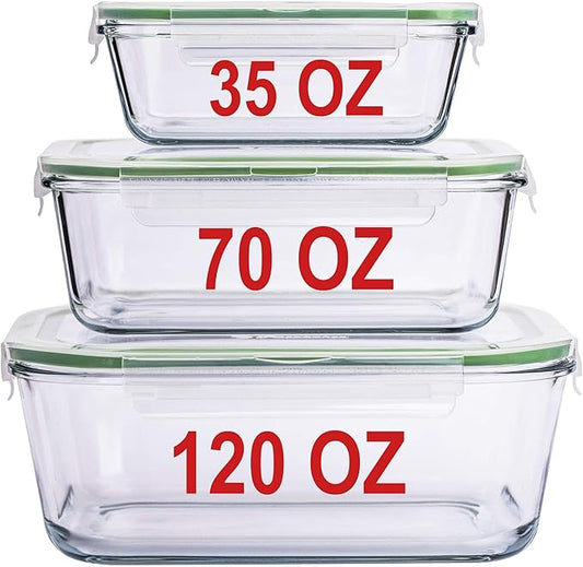 LARGE Glass Containers for Food Storage with Locking Lids Baking Dish Set 3 120 OZ/70 OZ/35 OZ Meal Storing Serving Leakproof Ovensafe