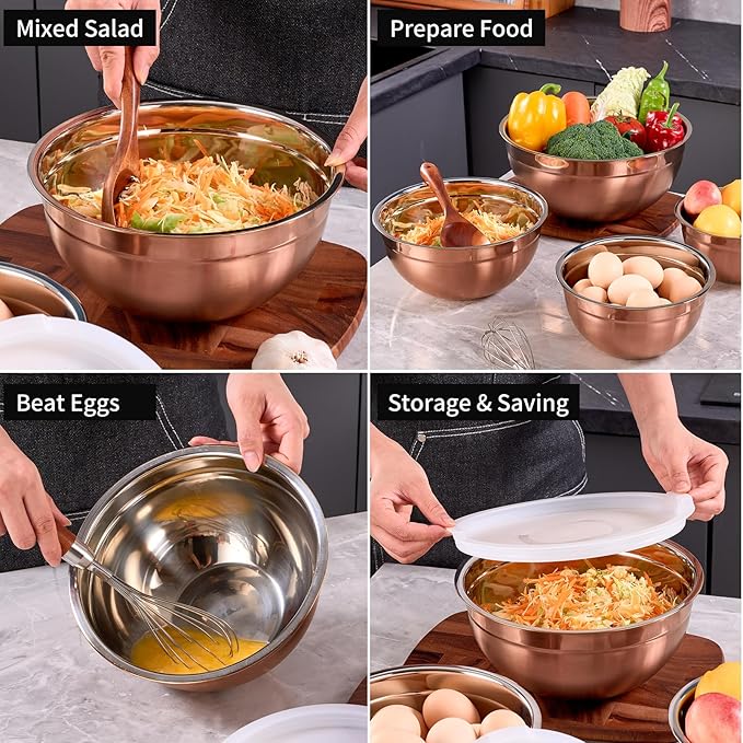 Rose Gold Mixing Bowls with Lids Set of 5, Stainless Steel Nesting Bowl with Khaki Lid for Non-slip Mixing Prepping Storing Serving, 5 Sizes-5.5/3.6/2.7/2.1/1.5 QT