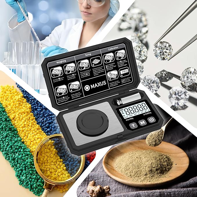 MAXUS Milligram Scale 50g/0.001g, Compact Mg Scale with 50g Calibration Weight, Black Powder Scale for Reloading, Includes a Scoop, a Powder Pan, a USB Cable and Tweezers