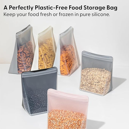 W&P Porter Silicone Reusable Storage Bag, Sandwich (50oz Stand-Up), Charcoal, Food Storage Container, Microwave and Dishwasher Safe, Easy Cleaning