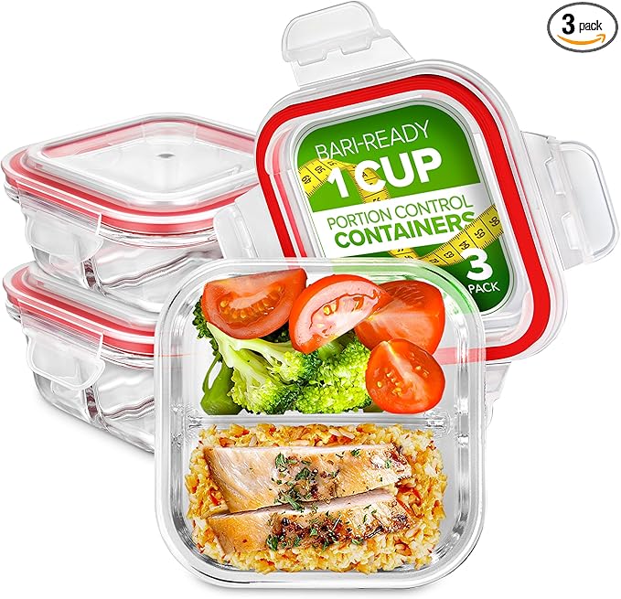 Glass Portion Control Bariatric Containers (3 Pack), 1 Cup Food Containers with Two 4 oz Compartments, 4oz Food Storage Containers for meal prep, Microwave Safe Glass Portion Containers with Lids