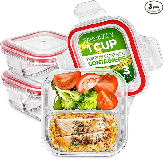 Glass Portion Control Bariatric Containers (3 Pack), 1 Cup Food Containers with Two 4 oz Compartments, 4oz Food Storage Containers for meal prep, Microwave Safe Glass Portion Containers with Lids