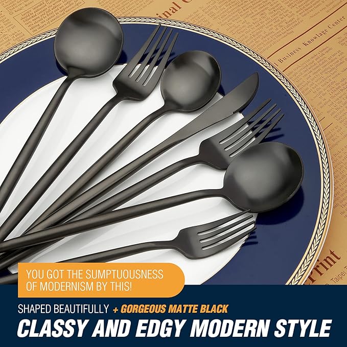 Black Silverware Set, 20 Piece Stainless Steel Flatware Set Service for 4, Matte Black Cutlery Set, Include Knives/Forks/Spoons, Dishwasher Safe