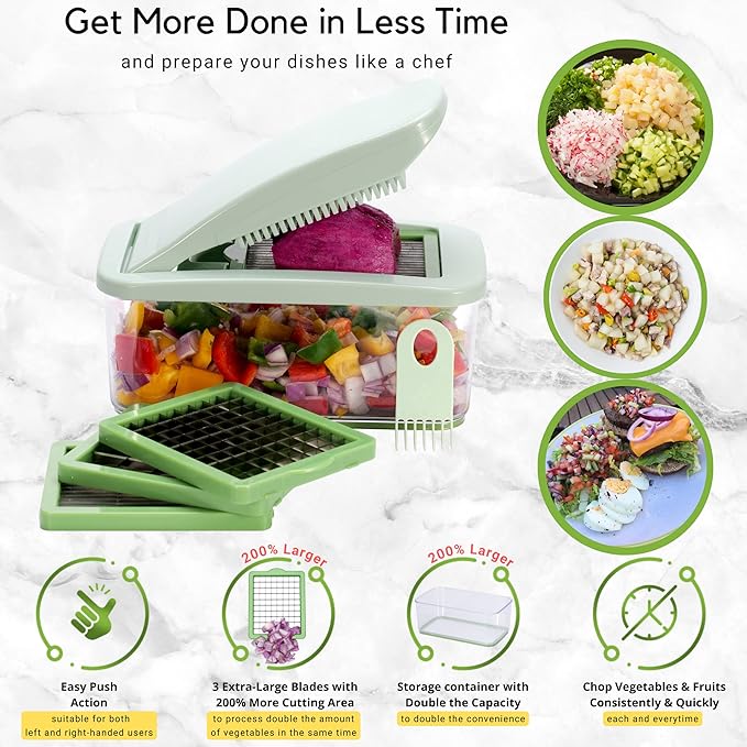Brieftons QuickPush Food Chopper: Vegetable Dicer Slicer, Onion Cutter, 3 Extra-Large Blades with 200% More Cutting Area to Chop Dice Slice Vegetables, 2.6-Quart Container