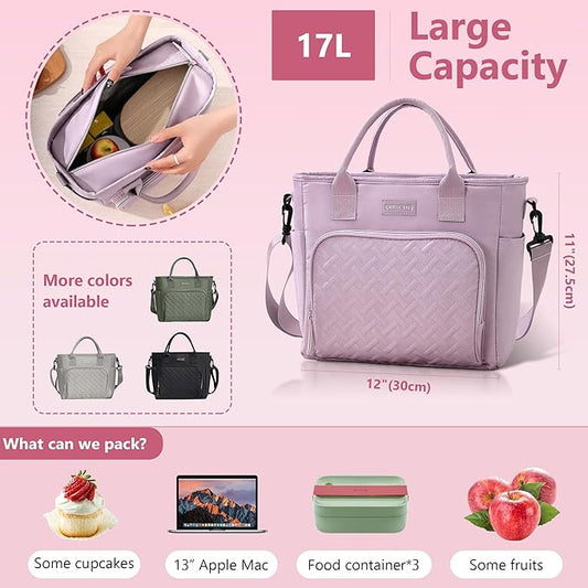 17L Insulated Lunch Bag for Women, LeakProof Insulated Work Lunch Box with Adjustable Shoulder Strap, Large Lunch Cooler Tote for Office, Commute & Travel (Heathered Lilac)