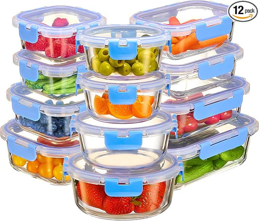 FineDine 24 Piece Glass Storage Containers with Lids - Leak Proof, Dishwasher Safe Glass Food Storage Containers for Meal Prep or Leftovers, Blue