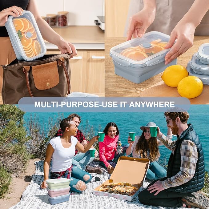 KIGI 【3 PACK】 40OZ Collapsible Bento Box Food Storage Containers with Lids Airtight Meal Prep Containers,Microwave Safe (40.6oz*3 mixed color)