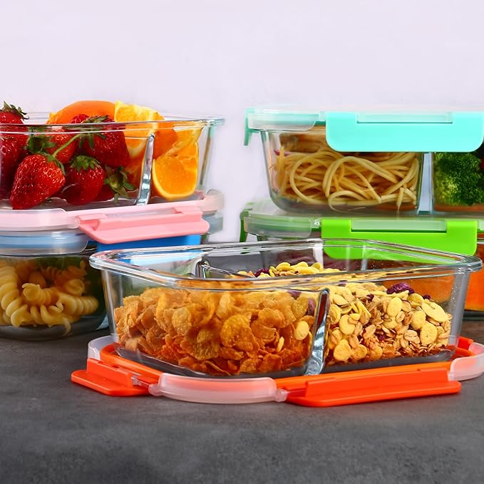 Glass Meal Prep Containers 2 Compartment with Lids (5 Pack, 36oz), Divided Glass Storage Containers for Lunch at Work, Leak-Proof Portion Control Food Containers, Microwave / Dishwasher Safe