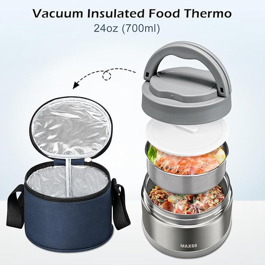 MAXSO Food Jar for Hot Food - 24 OZ Soup Thermo for Adults Vacuum Insulated Lunch Containers with Foldable Spoon & Thermal Bag, Wide Mouth Leakproof Bento Box - Silver