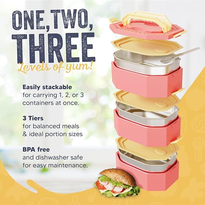 Stainless Steel Stackable Bento Box Adult Lunch Box with Cutlery - Hot/Cold - Separates Ideal Portion Sizes - Reusable Tin Inserts - Dishwasher Safe - Stackable Lunch Container for Adults with Spork