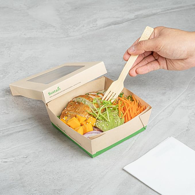 Restaurantware-27 Ounce Sturdy Paper Take Out Boxes, 200 Disposable Take Out Food Containers - With PLA lining, Paper Lid With Clear PLA Window, Bamboo Paper Containers, Compostable, Greaseproof
