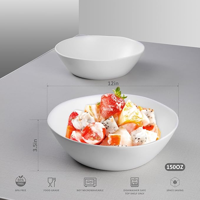 Melamine Serving Bowl, 2 Pack 12 inch Fruit Salad Bowls, 130 Oz Pasta Bowls Set of 2, Large White Serving Dishe/Mixing bowl for Entertaining, Break-Resistant Melamine Bowl