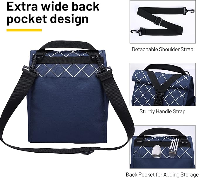 MIER Insulated Lunch Bag Roll Top Lunchbox for Women Men Adults Foldable Rolltop Lunch Tote with Shoulder Strap for Work Office Picnic, Water Bottle Holder, Blue
