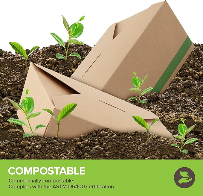 (Set of 50) 45oz Food Compostable Take Out Containers Disposable, Medium Microwaveable Paper To Go Boxes, Grease Resistant Natural Kraft Cardboard Lunch Box, Takeout, Biodegradable, Eco-Friendly