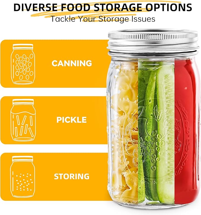 Wide Mouth Mason Jars 32 oz with Lids [4 Pack], Canning Jars with Metal Airtight Lids and Bands, 32 oz Glass Jars for Fermenting, Pickling, Freezing, Preserving, Meal Prep, Jar Décor