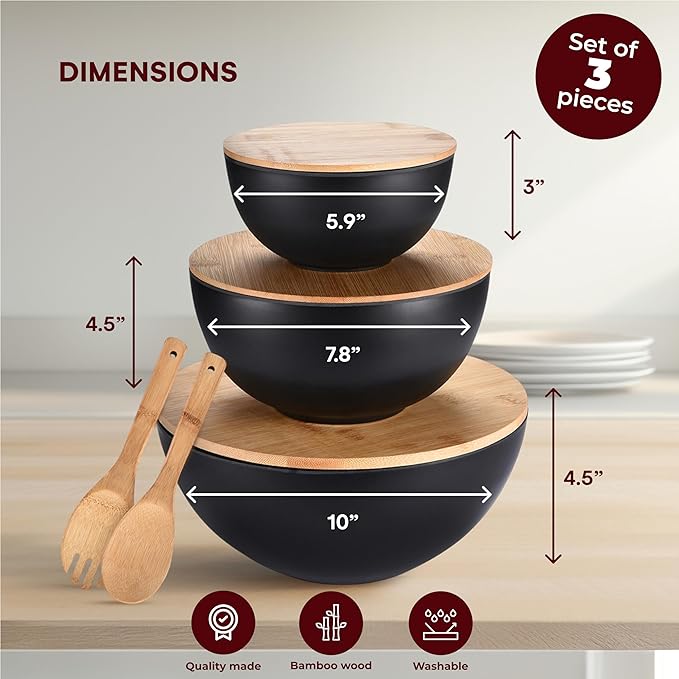 Vdomus Salad Serving Bowls with Lids - 5x10x10-Inch Bamboo Fiber Bowl Set with Wooden Lids - Multi-Purpose Bowl and Board Set for Kitchen - Mixing Bowl Set for Serving and Preparing Food - Set of 3