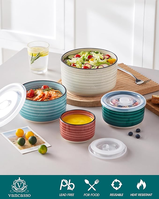 vancasso Bonbon Ceramic Mixing Bowls with Lids Set of 4, Multi-color Nesting Serving Bowls for Food Prep, Storage, Microwave and Dishwasher Safe, 60/36/20/10 oz, Stylish and Functional Design