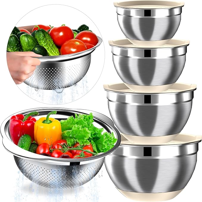 Mixing Bowls with Airtight Lids Set, 4 Stainless Steel Bowls Nesting Bowls & Colander, Kitchen Organizers and Storage Non-Slip Bottom, Size 1.5/2.0/2.5/4.0QT, Great for Mixing & Serving, Khaki