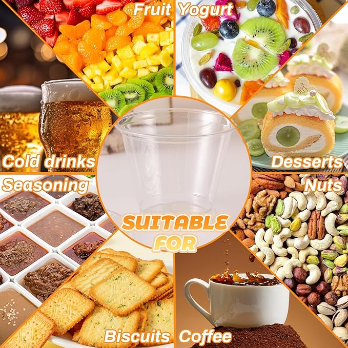 100 Pcs 8 OZ Disposable Plastic Cups with Flat Lids,Clear Portion Cups with Flat Lids,Clear Plastic Ice Cream Containers with Lid for Parfaits,Drink,Yogurt,Soups,Salad,Fruit(With Holes)
