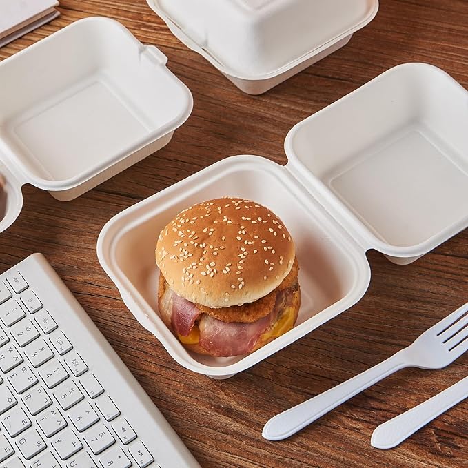 [6X6 1-Compartment 100-Pack Bio Natural Clamshell Take Out Food Containers with Lids, Disposable Bagasse Togo Plates, Eco-Friendly Biodegradable Made of Sugar Cane Fibers