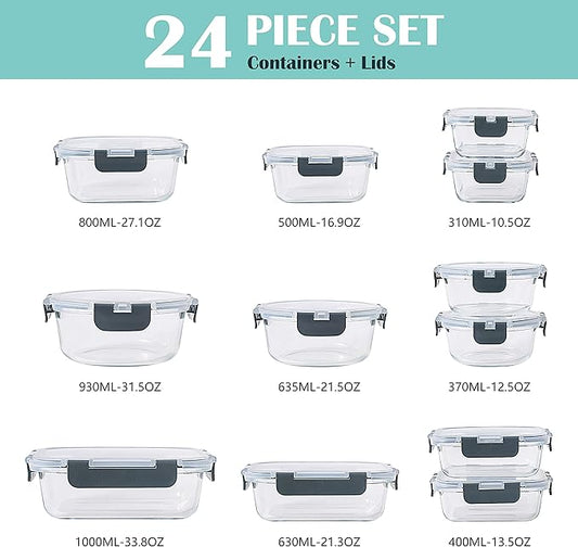 elabo 24-Piece Glass Food Storage Containers Set with Lids - Airtight Leak Proof Glass Meal Prep Containers, BPA Free Bento Lunch Boxes, Freezer/Oven/Dishwasher Safe(12 Lids & 12 Containers)