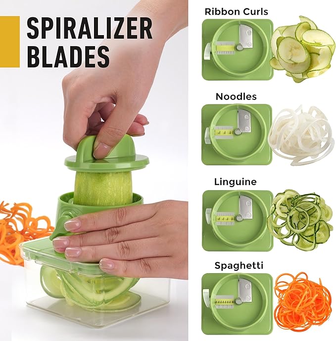 Mueller Pro-Series All-in-One, 12 Blade Mandoline Slicer for Kitchen, Food Chopper, Cucumber Slicer and Spiralizer, Cutter, Dicer, Grater, Gifts for Mom, Kitchen Essentials, White Sand/Green