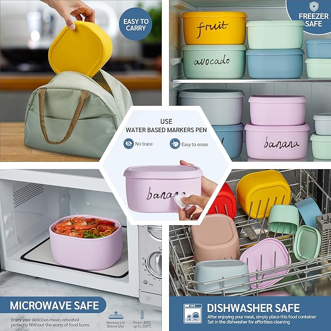 ISSEVE 6Pcs/Set Nesting Silicone Food Storage Containers with Lids, BPA Free Reusable Meal Prep Silicone Containers Lunch Box Bento Box Set (33.8oz, 20oz, 10oz, 6.7oz, 1.3oz) (Purple)