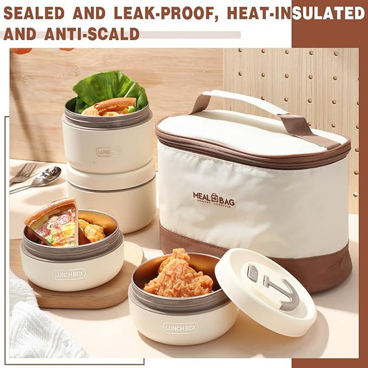 Dandat 4 Pcs Insulated Bento Box Portable Stainless Steel Food Container Round Microwave Safe Stackable Leakproof Thermal Food Container for Adult Men Women with Insulated Bag, 74 oz(Beige)