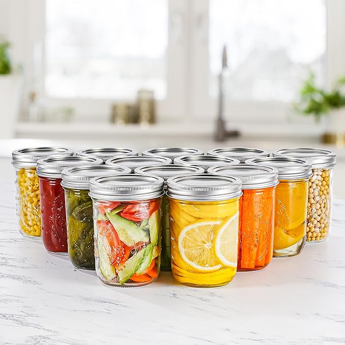 Mason Jars 16 oz with Lids, 12Pcs Wide Mouth Glass Canning Jars with Airtight Lids and Bands, Overnight Oats Containers for Pickling, Freezing, Preserving, Meal Prep, Jar Décor