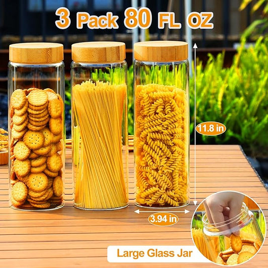 Glass Jars with Airtight Lid,Glass Jar with Bamboo Lid,Glass Canisters with Airtight Lids, 3 Pack 80oz Glass Cereal Containers Storage,Glass Cookie Jars,Pasta Containers,Screw On Kitchen Jars