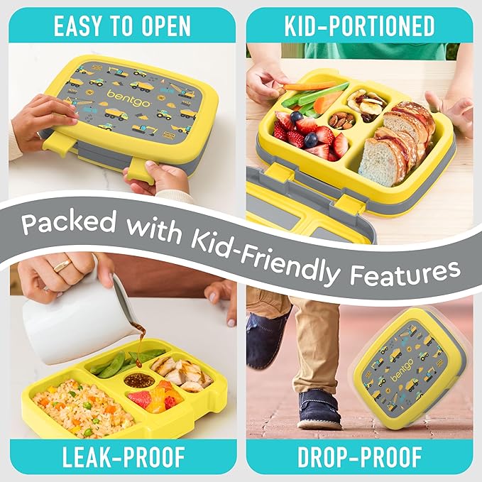 Bentgo Kids Prints Leak-Proof, 5-Compartment Bento-Style Kids Lunch Box - Ideal Portion Sizes for Ages 3-7, Durable, Drop-Proof, Dishwasher Safe, & Made with BPA-Free Materials (Construction Trucks)